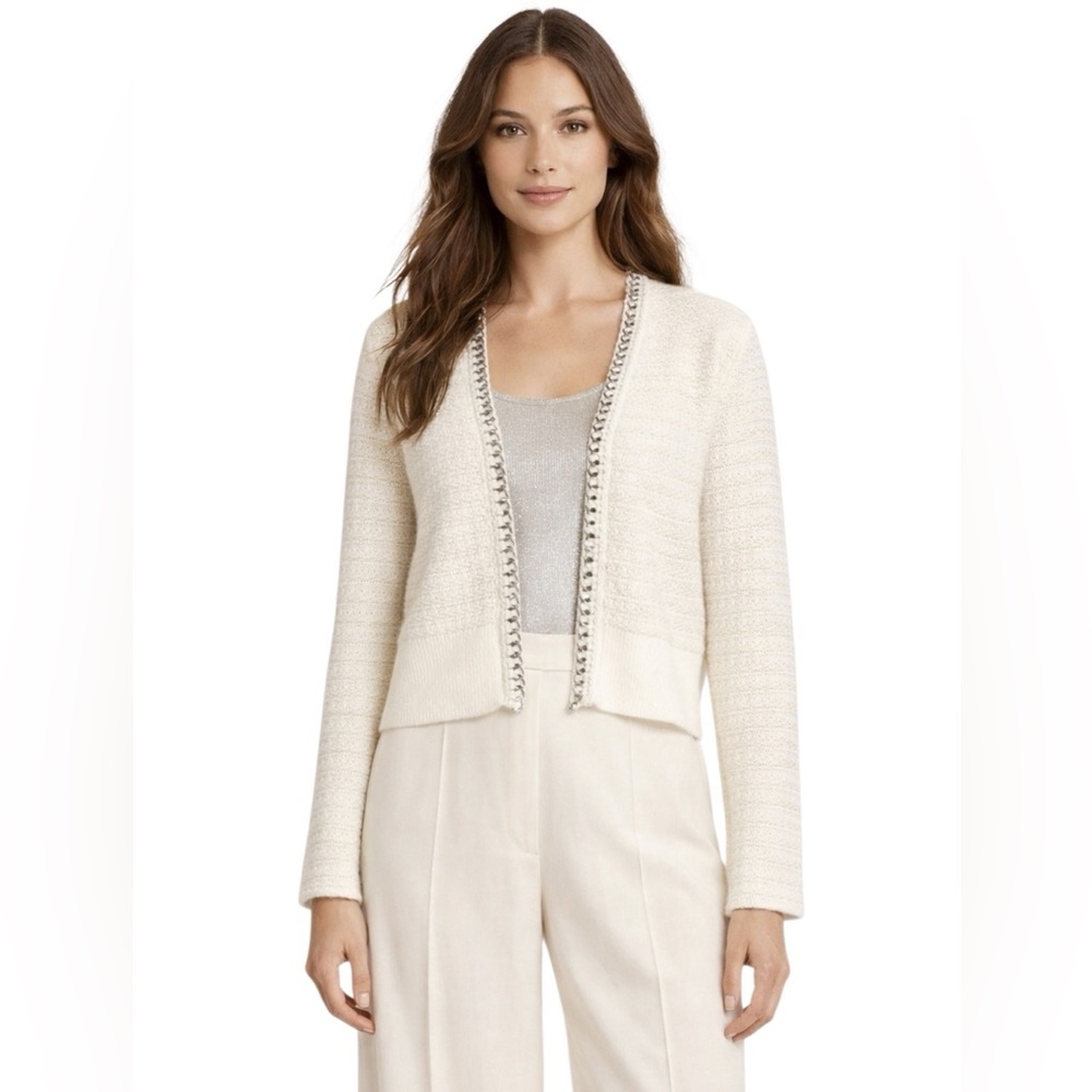 Elie Tahari Cream Cardigan with Silver Chain Trim Open Front Cardigan NWT Sz XS - Picture 3 of 8